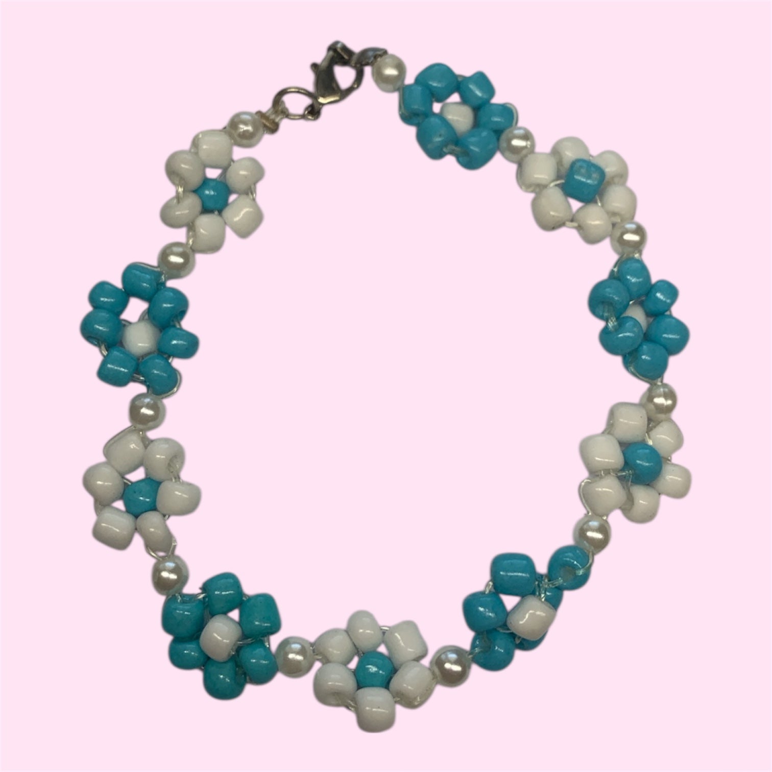 Blue & White Flowers Beaded Bracelet