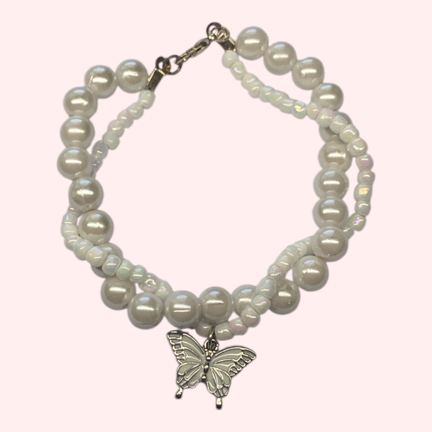 White Pearl Bracelet with Butterfly Charm