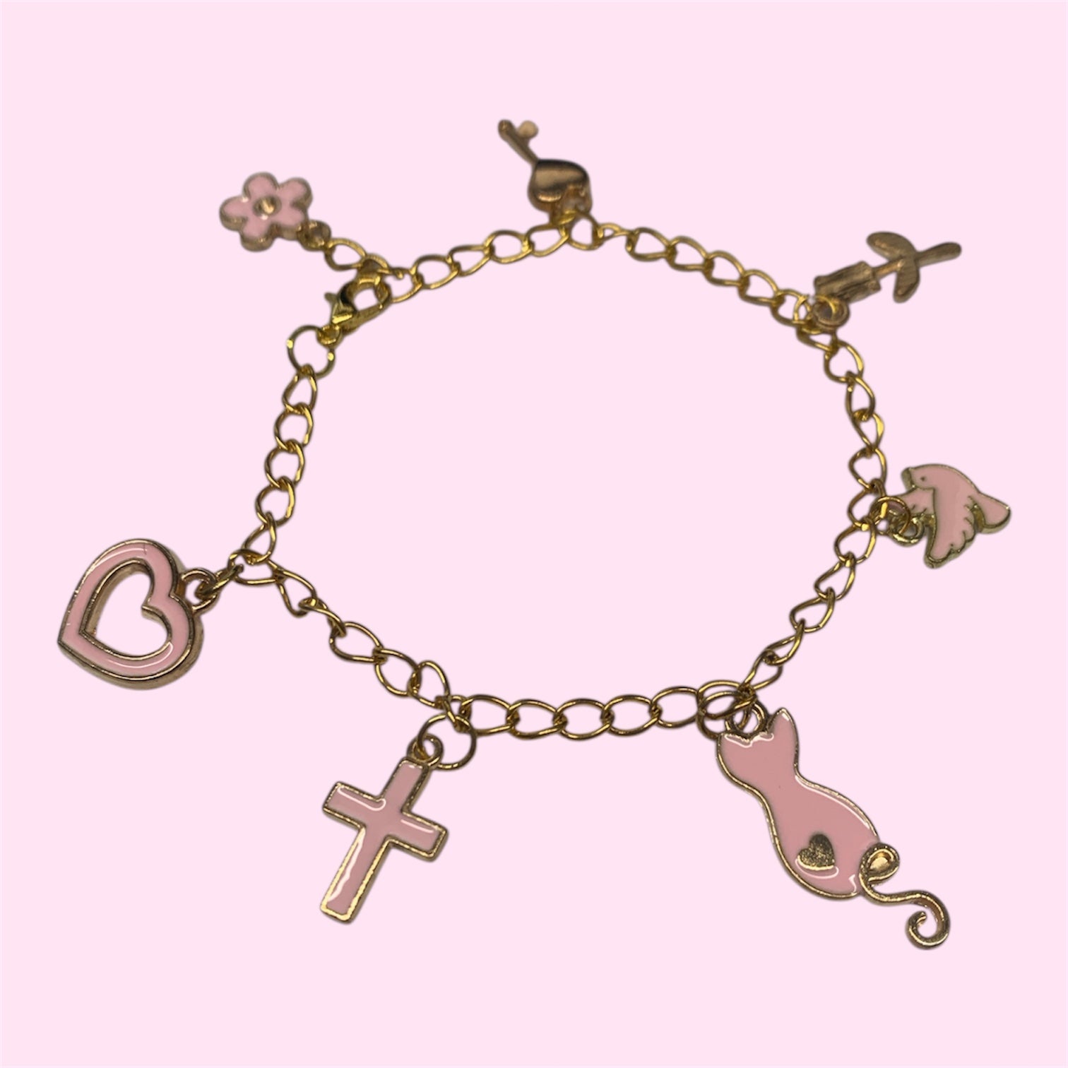 Gold Metal Charm Bracelet Pink Charms