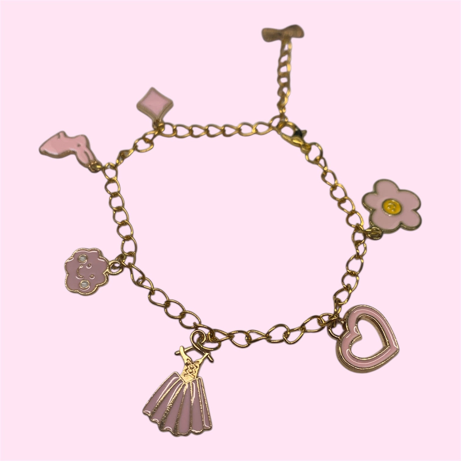 Gold Metal Charm Bracelet Pink Charms