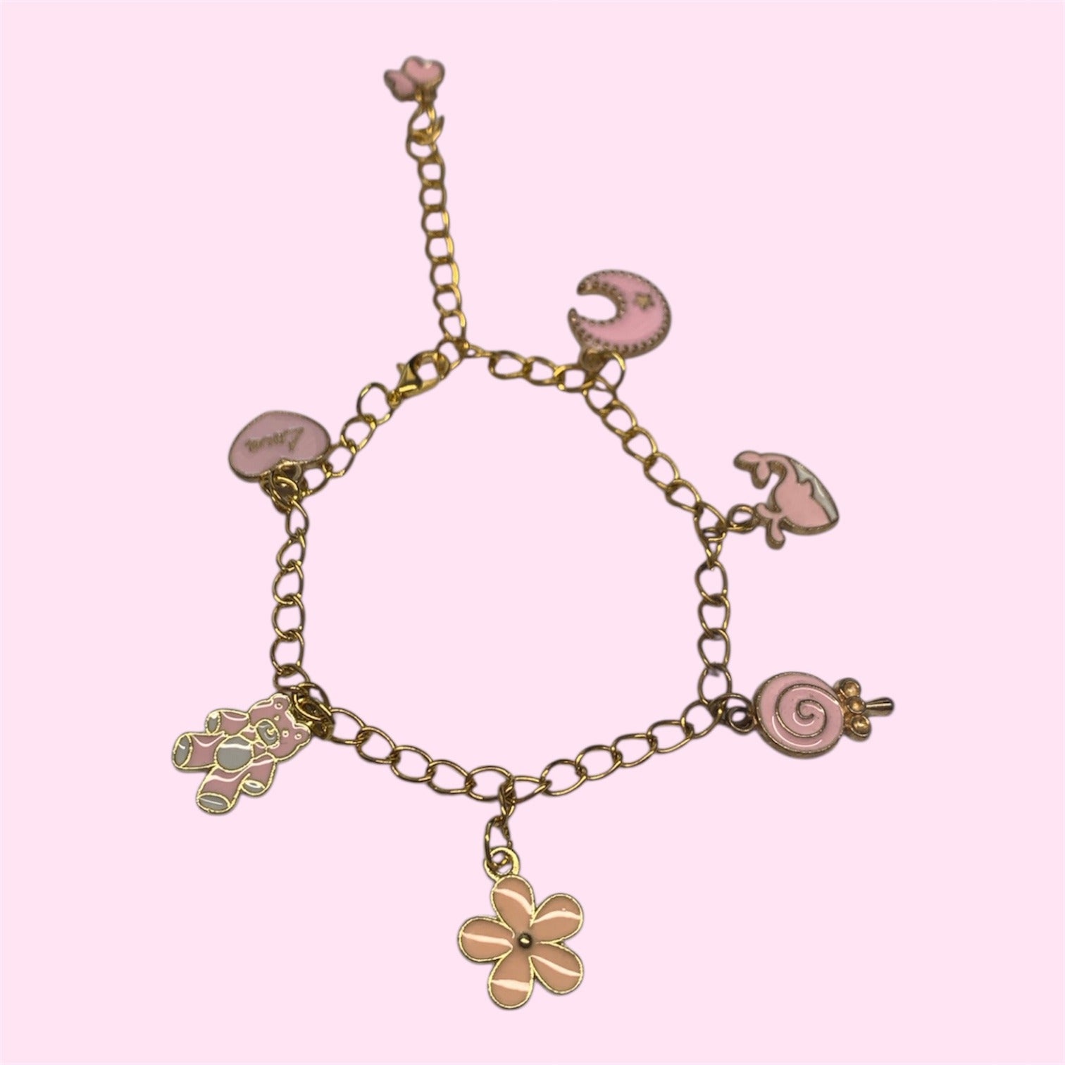 Gold Metal Charm Bracelet Pink Charms